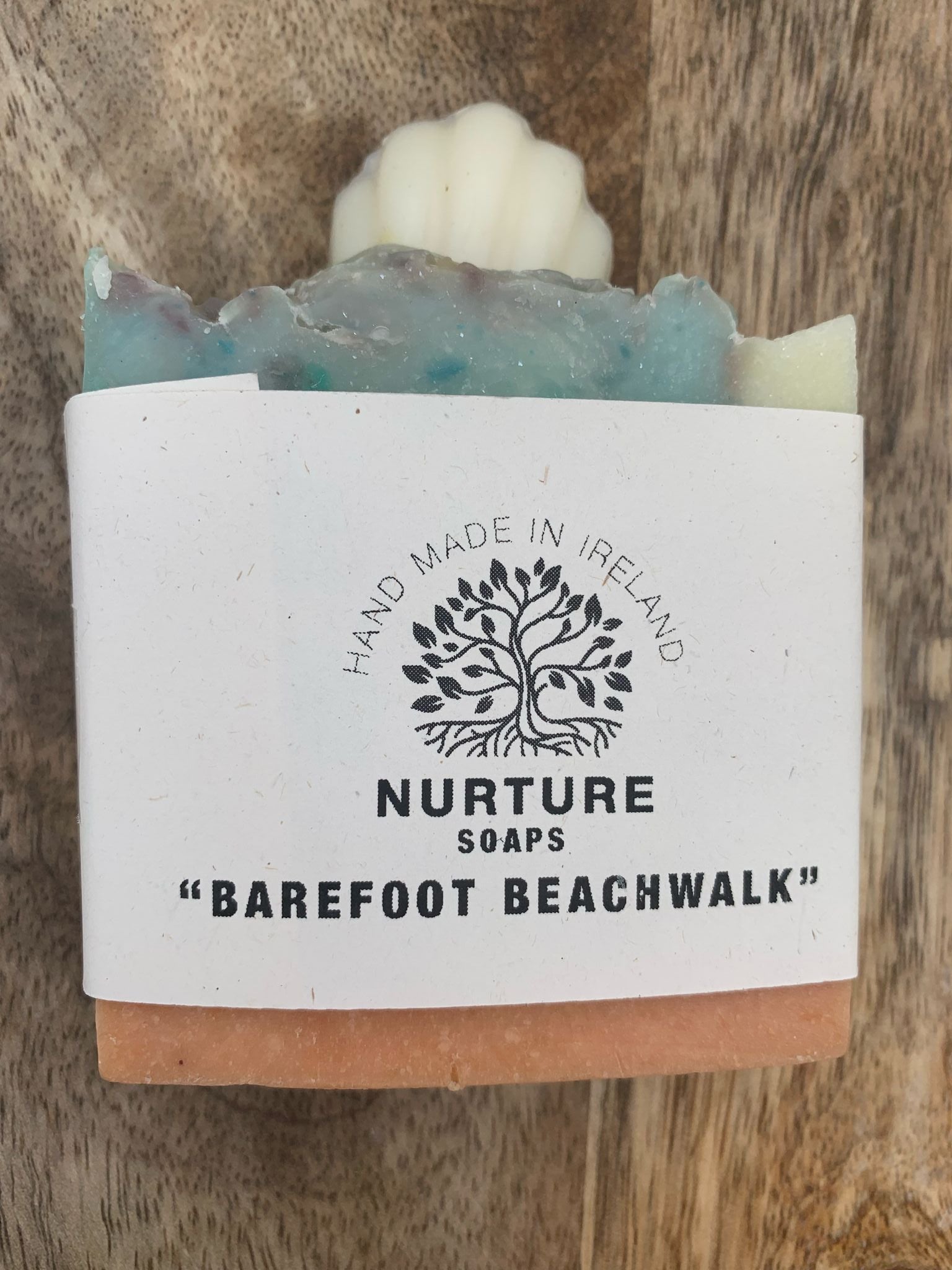 A soap bar with a shell inbed handmade coldprocess soap from Nurture Soaps.