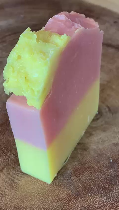 Sunny lemon sorbet soap from nurture soaps . A pink and yellow soap from Nurture soaps.